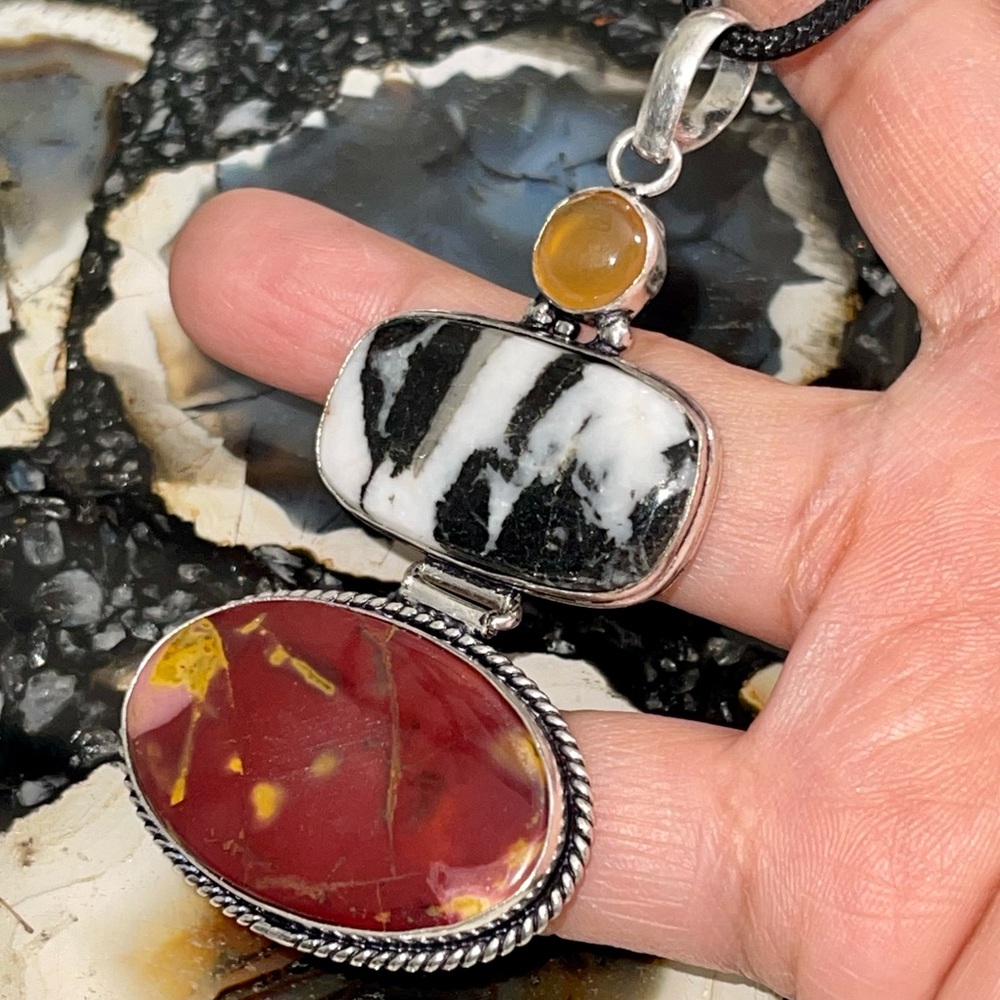 Crystal Pairing:Mookaite  White Buffalo Turquoise & Chalcedony Pendant 2 7/8”